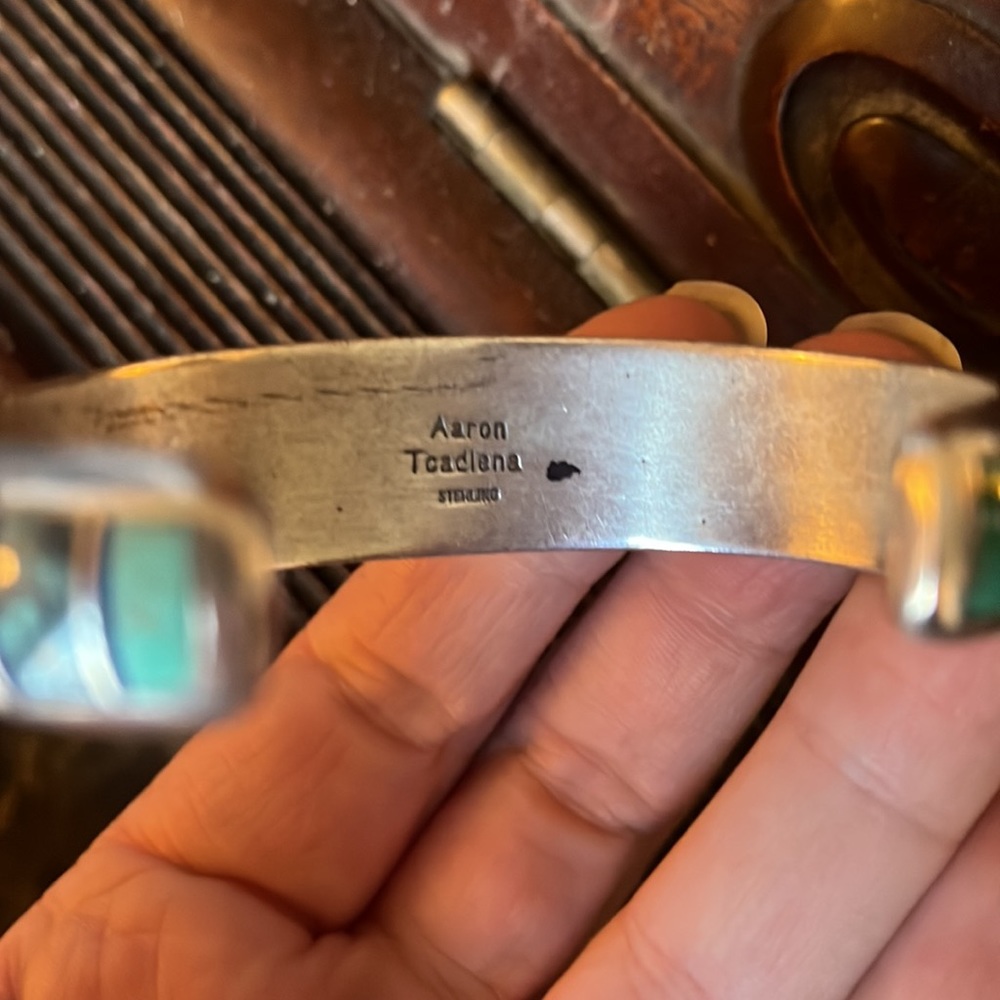 Vintage Native American Navajo Aaron Toadlena Turquoise Silver Inlay Bracelet - Picture 16 of 17